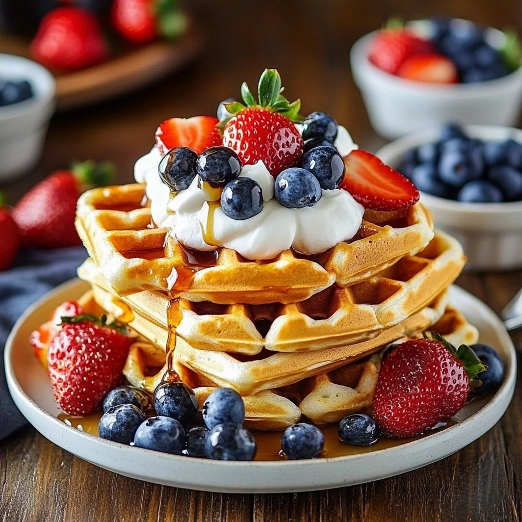 Delicious Belgian waffles topped with whipped cream