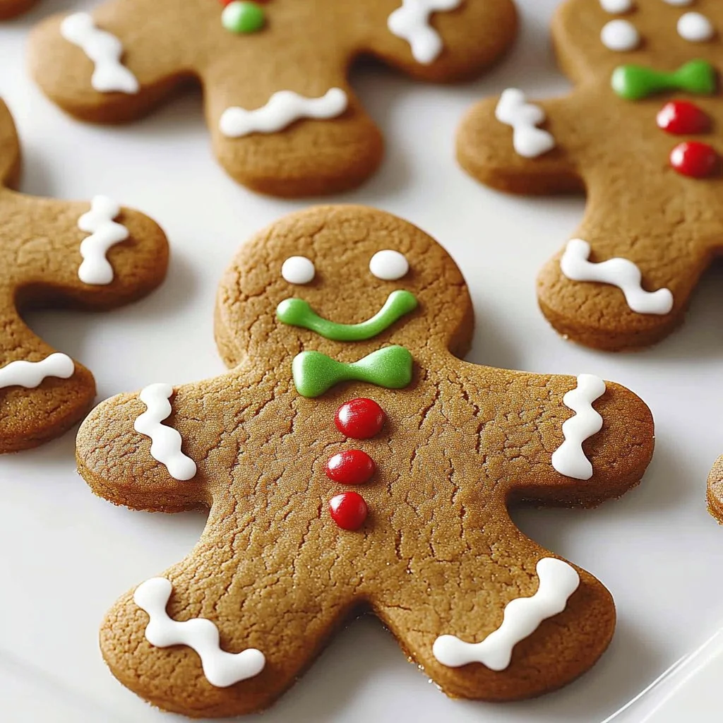 Delicious gingerbread men cookies with icing decoration on a festive background
