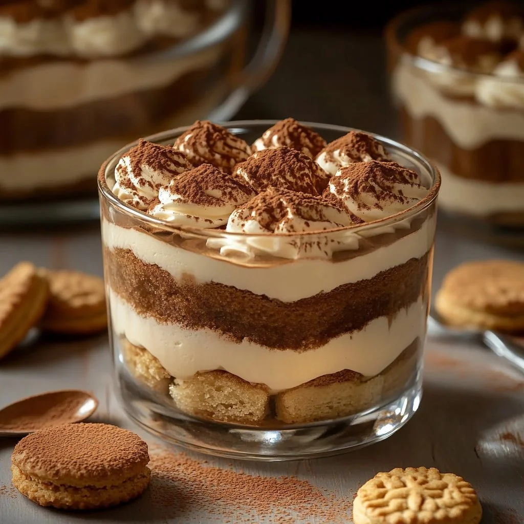 Decadent Biscoff Tiramisu dessert in a glass with a sprinkle of cocoa powder.
