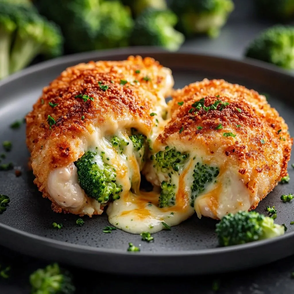 Delicious broccoli cheese stuffed chicken on a plate, garnished with herbs