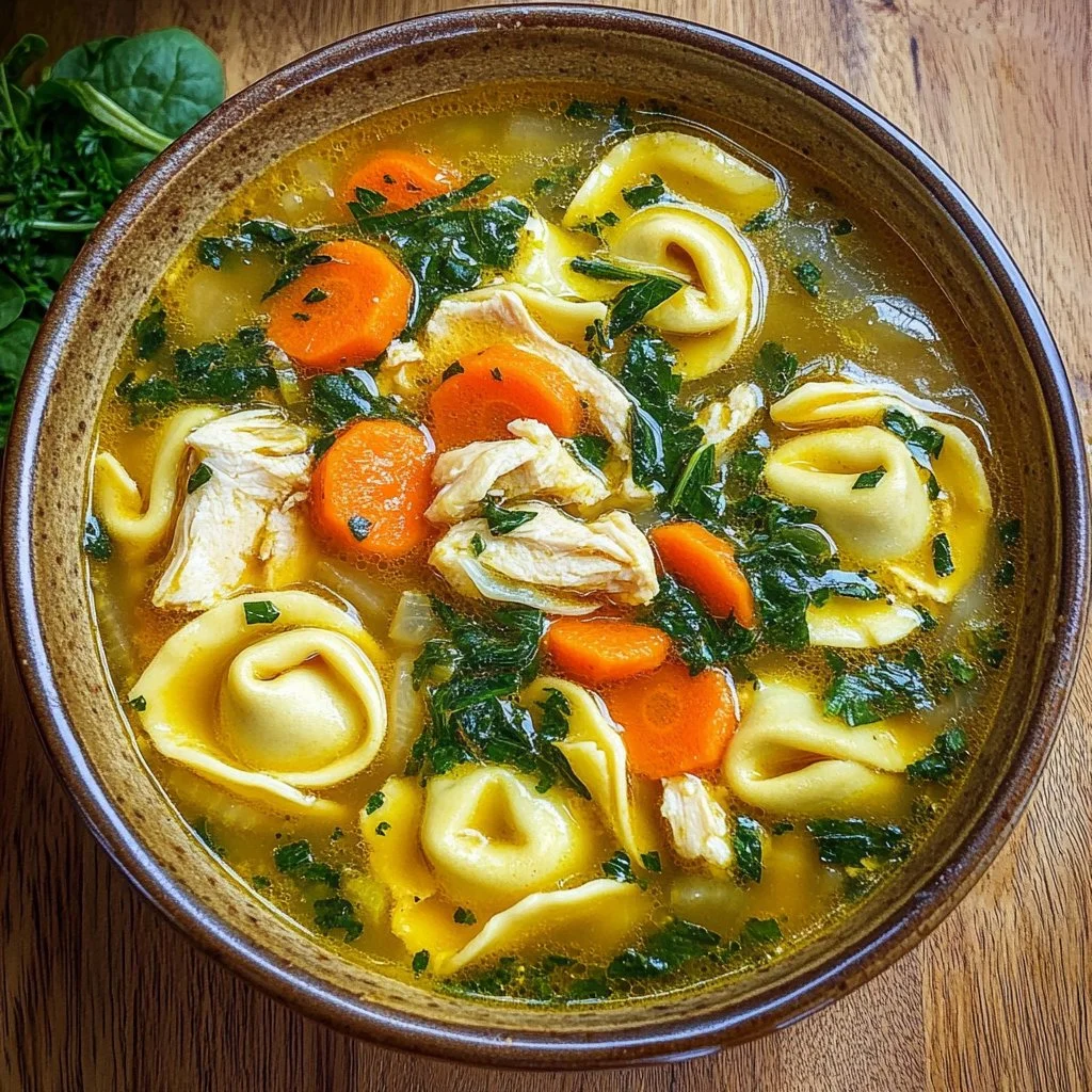 Bowl of Chicken Tortellini Soup with vegetables and herbs