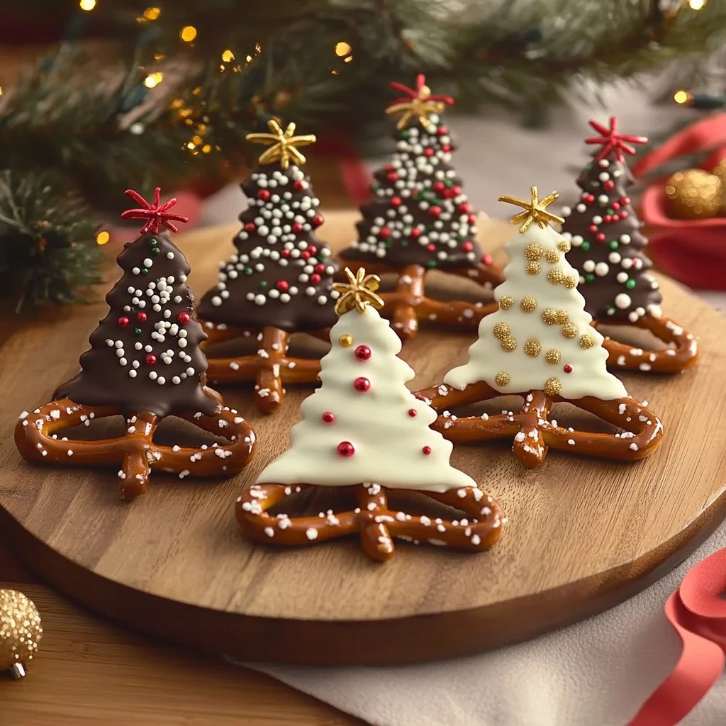 Chocolate pretzel Christmas trees decorated for holiday treats