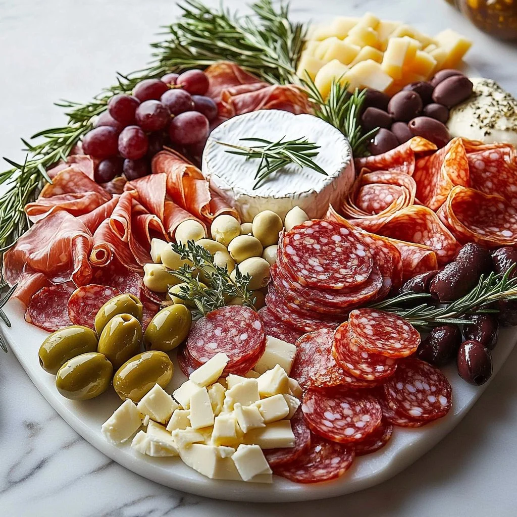 Festive Christmas charcuterie board with cheeses and seasonal decorations