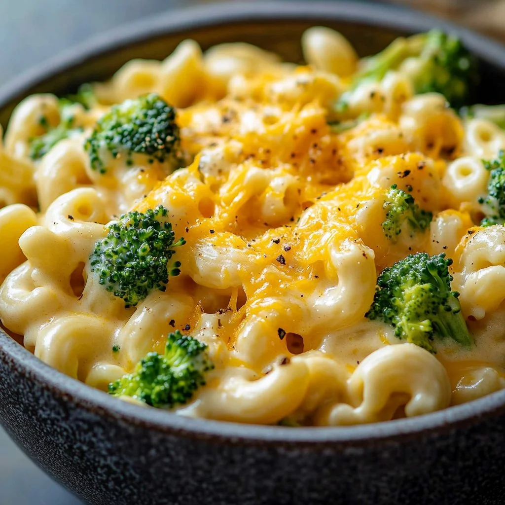 Creamy Broccoli Mac and Cheese served in a bowl with melted cheese.