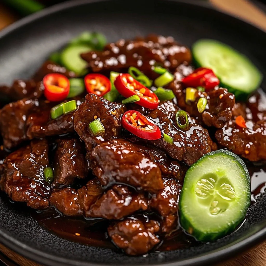 Plate of crispy chilli beef with a spicy sauce and fresh vegetables