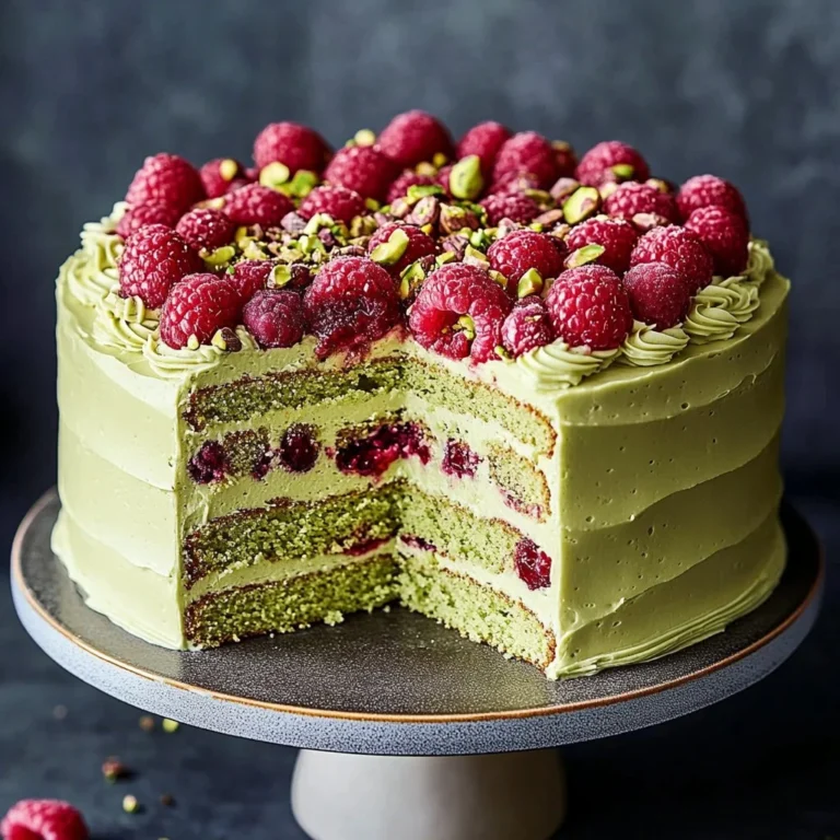 Delightfully presented Pistachio Raspberry Cake with vibrant raspberry topping