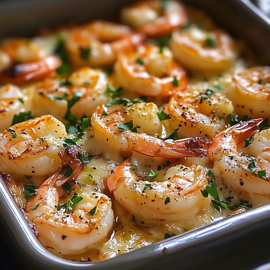 Plate of Garlic Parmesan Roasted Shrimp garnished with parsley