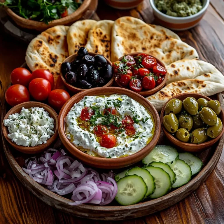 A vibrant Greek mezze platter featuring whipped ricotta and assorted Mediterranean delicacies.