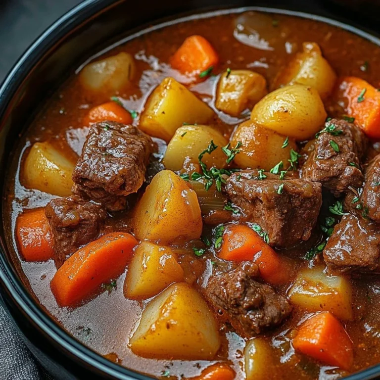 Bowl of homemade beef stew with vegetables and herbs