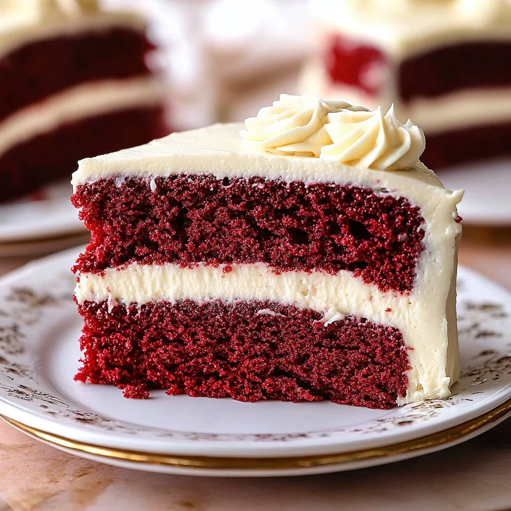A slice of homemade red velvet cake with cream cheese frosting