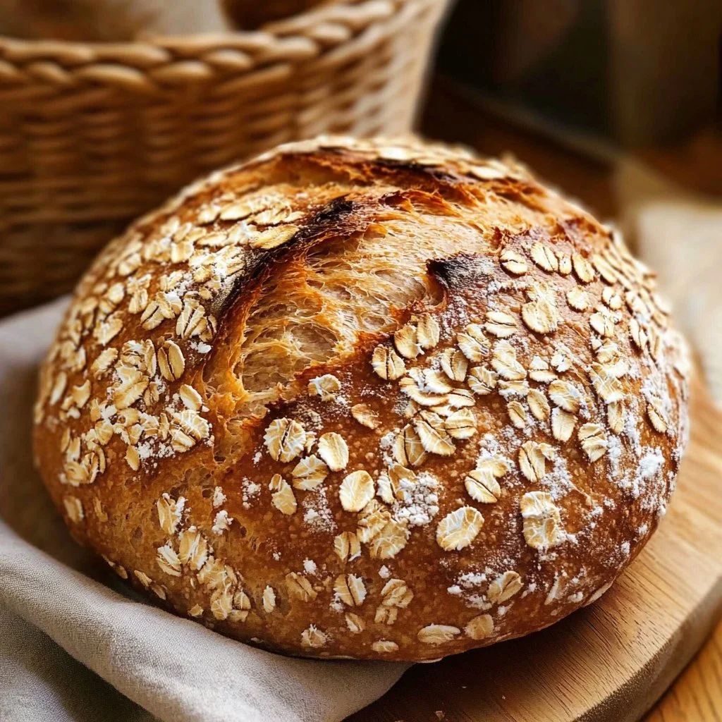 Loaf of honey oat sourdough bread with a golden crust and fresh honey drizzle