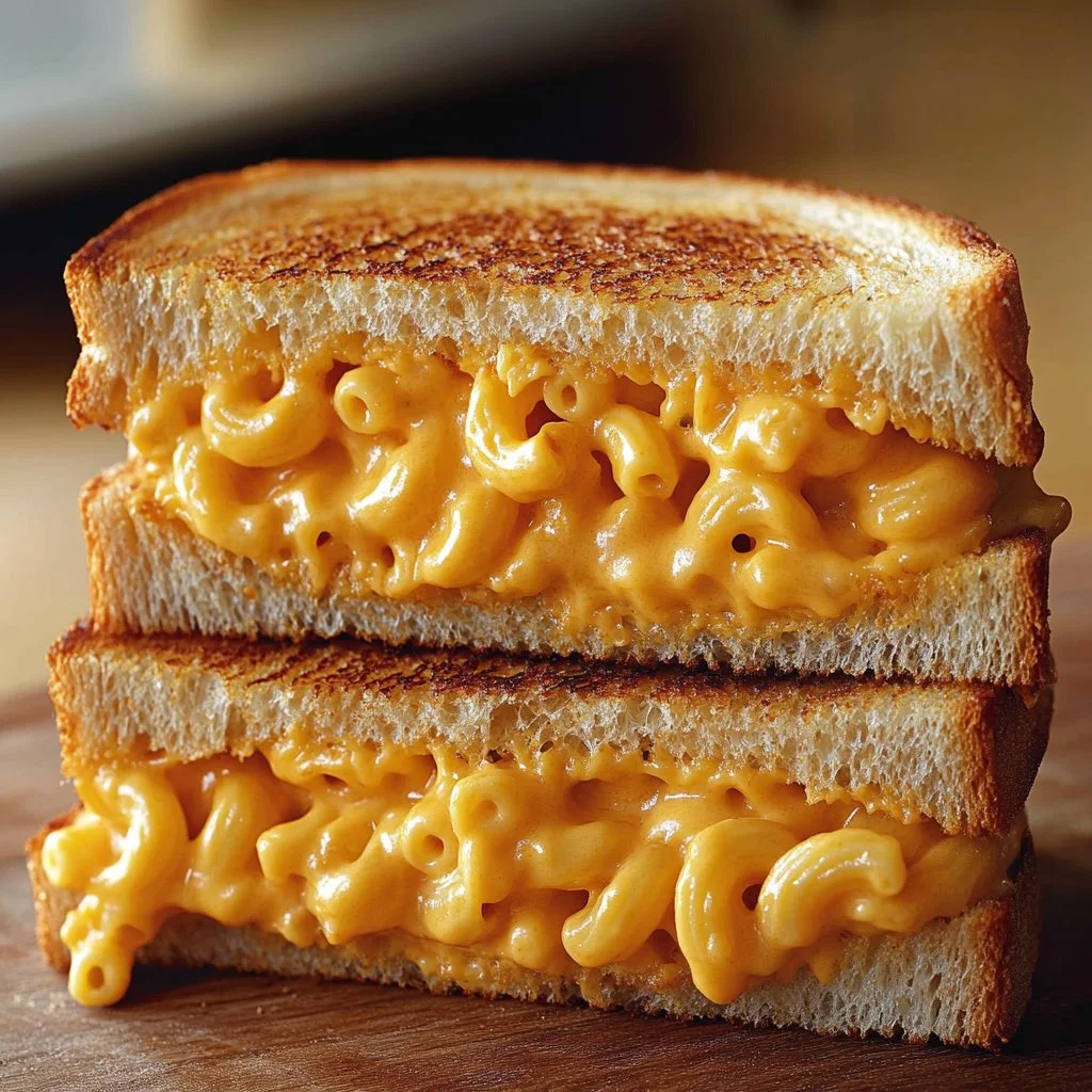 Delicious Mac and Cheese Grilled Cheese sandwich with gooey cheese melting out