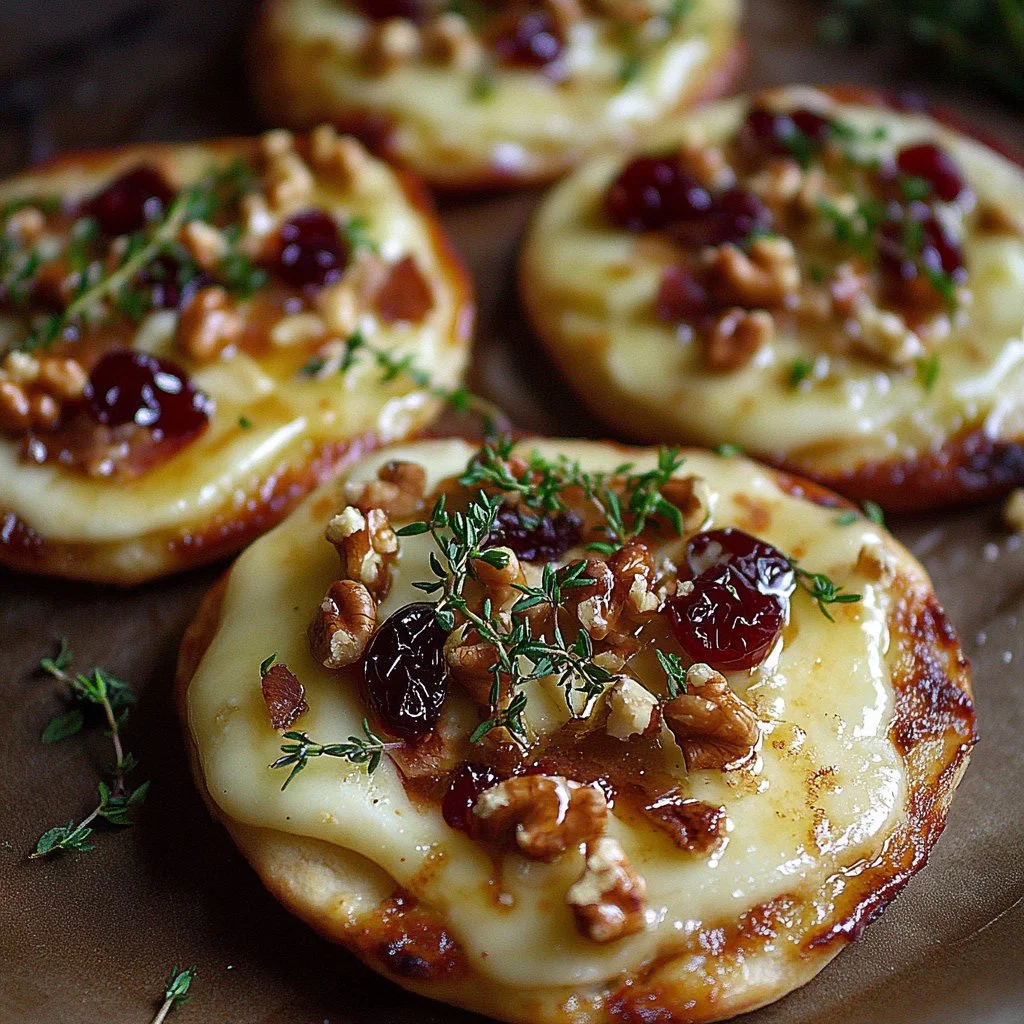 Mini pizza topped with brie, cranberries, and toasted walnuts on a wooden board.