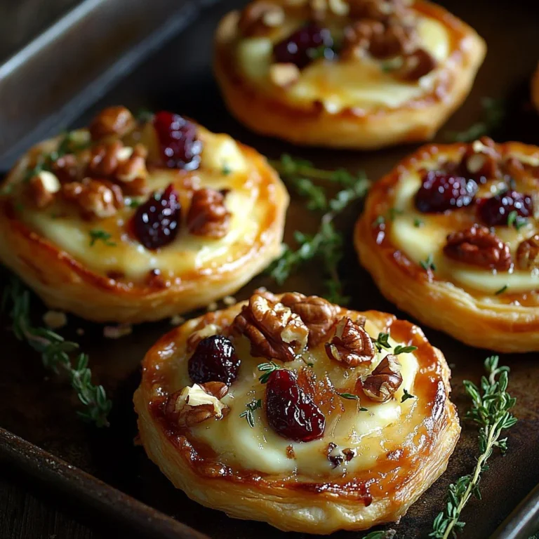Mini pizza topped with brie cheese, cranberries, and toasted walnuts on a baking sheet.