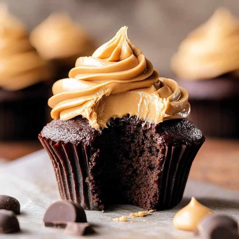 Peanut butter chocolate cupcakes topped with creamy frosting and chocolate sprinkles.