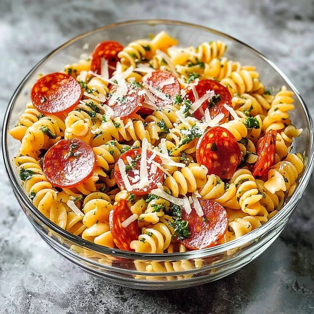 Pepperoni Pizza Pasta Salad with colorful ingredients in a bowl