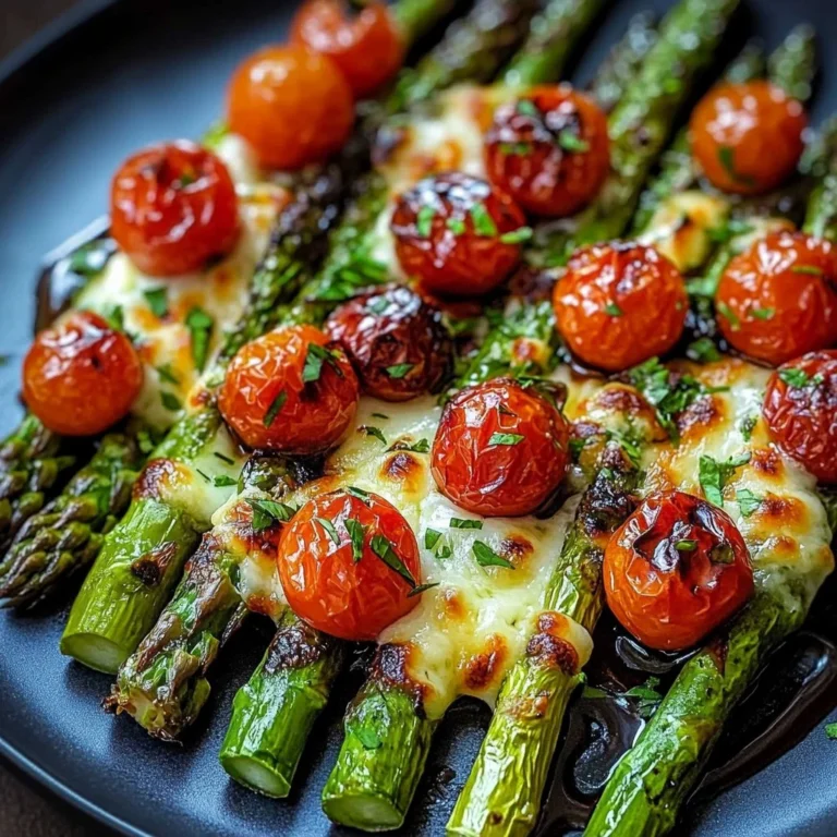 Bowl of roasted asparagus and cherry tomatoes seasoned with herbs.