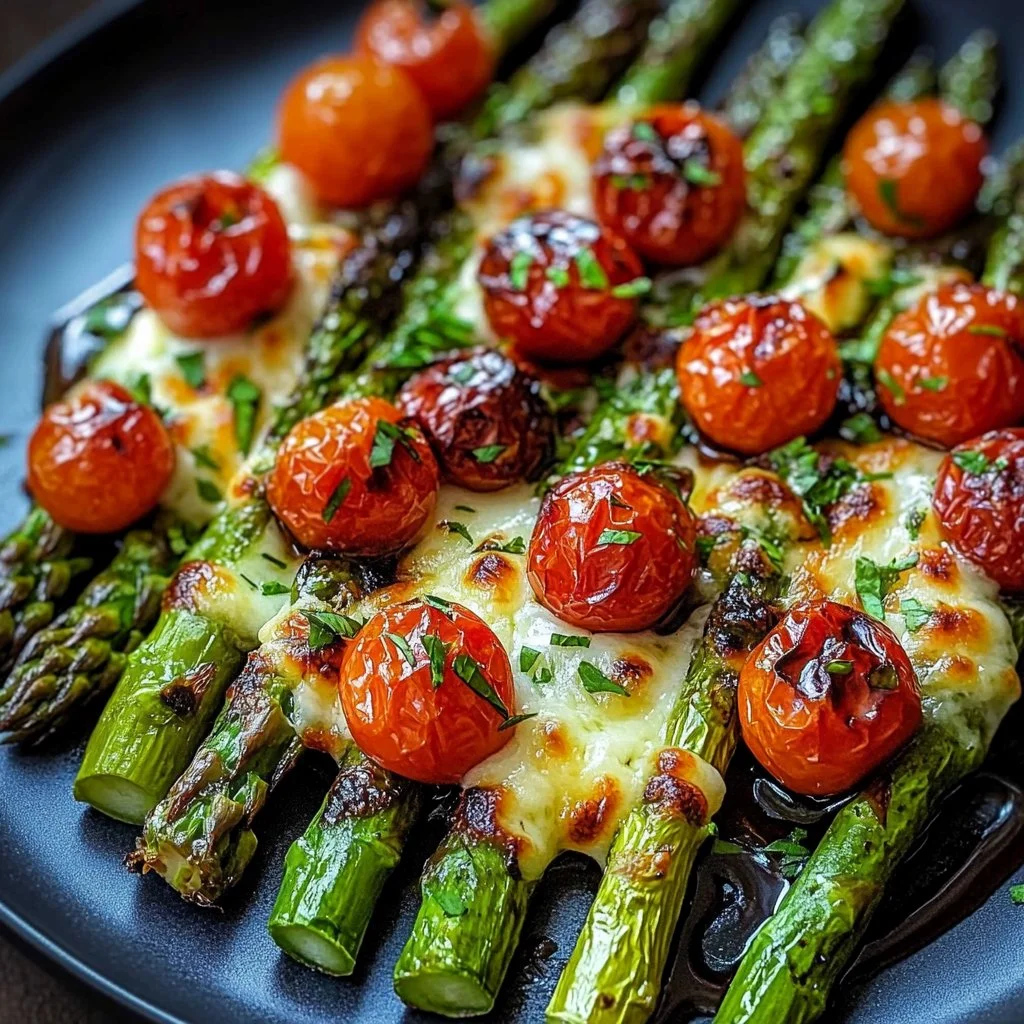 Bowl of roasted asparagus and cherry tomatoes seasoned with herbs.