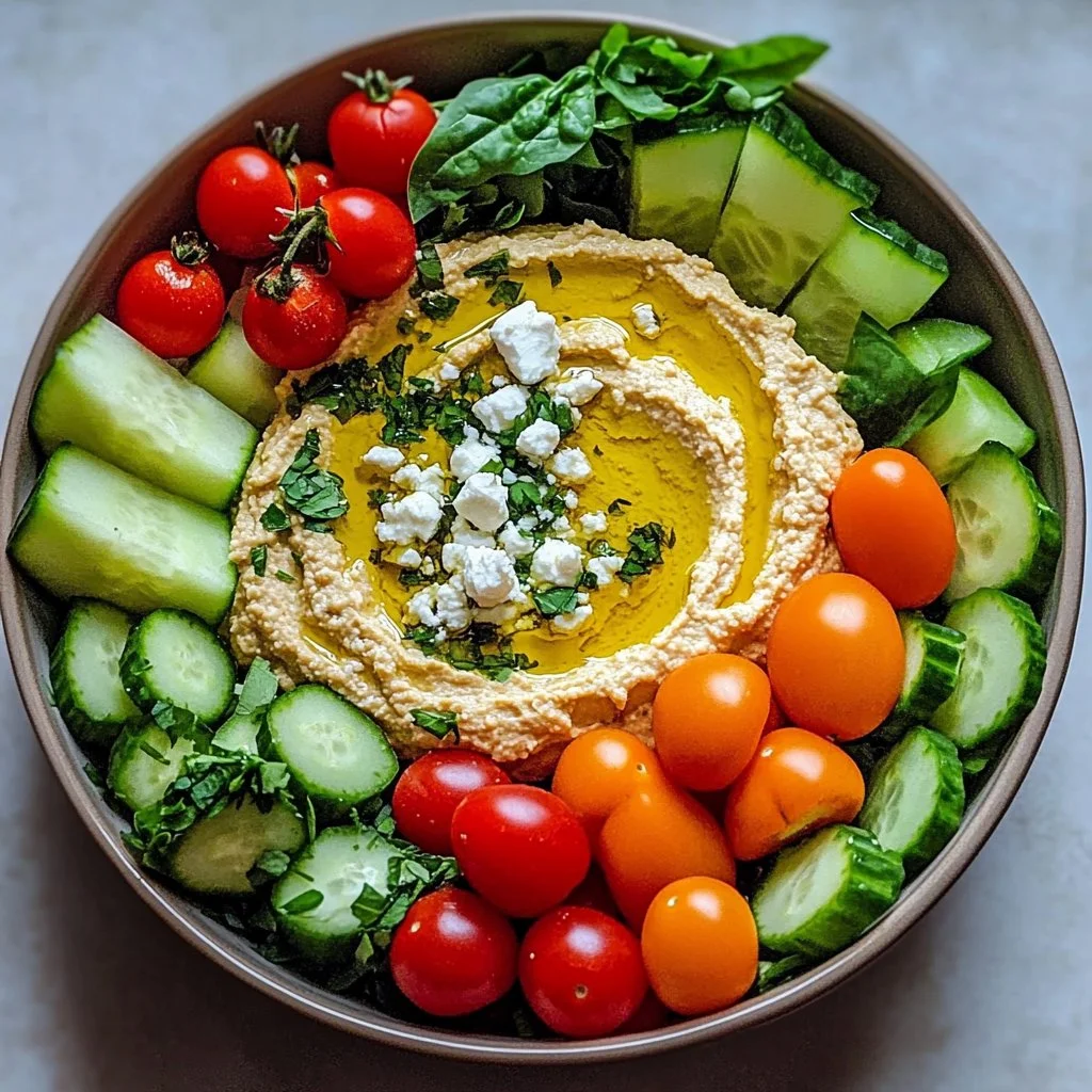 Roasted garlic hummus veggie bowl with fresh vegetables and a drizzle of olive oil