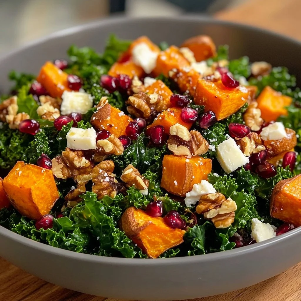 Roasted sweet potato and baby kale salad in a bowl, topped with dressing.