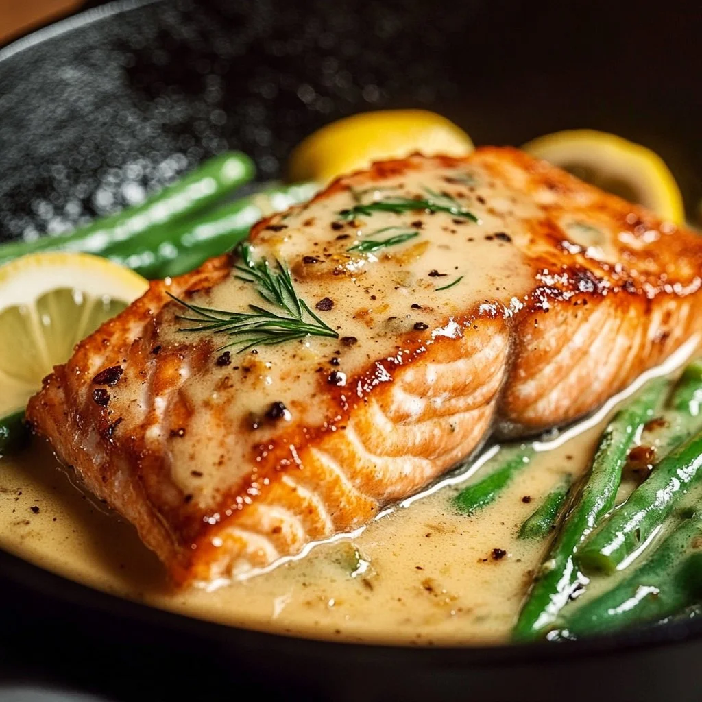 Salmon fillet topped with creamy lemon sauce served with vegetables.
