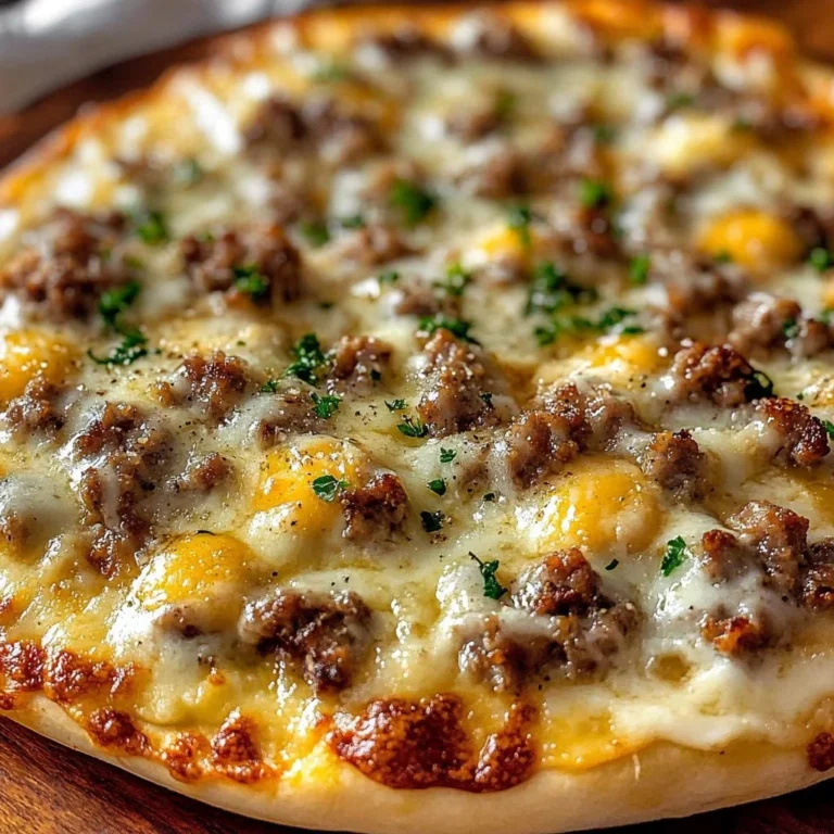 Sausage Gravy Breakfast Pizza topped with eggs and cheese