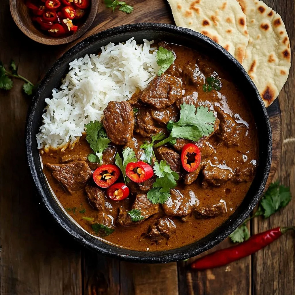 Slow cooker beef coconut curry served in a bowl with rice and fresh herbs