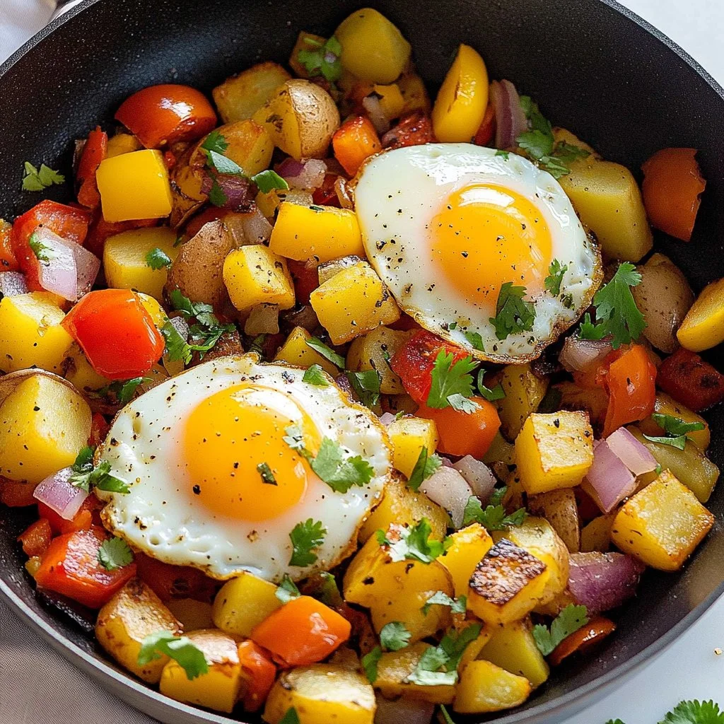 Colorful sweet potato hash with eggs served in a skillet