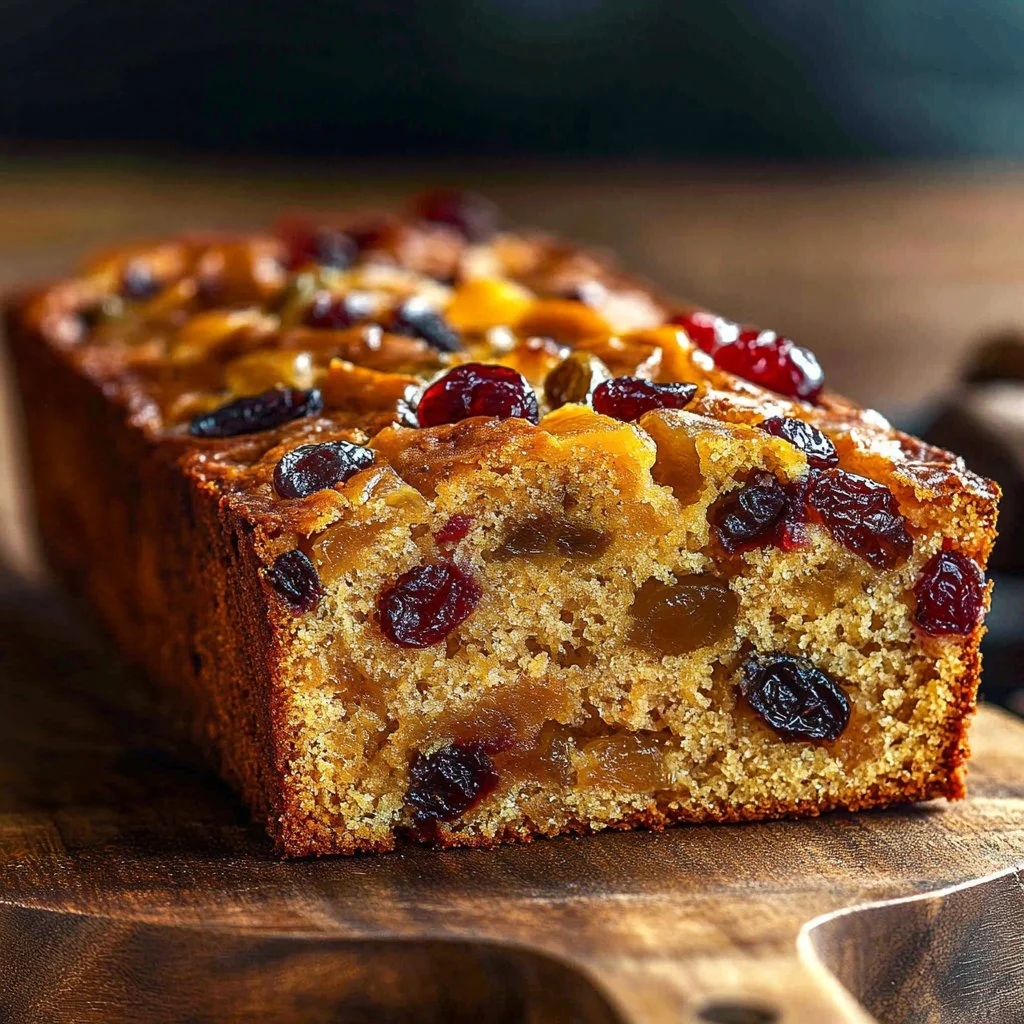 Sliced holiday fruitcake decorated with nuts and dried fruits