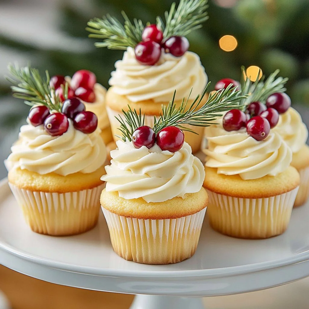 Delicious white chocolate cranberry cupcakes on a decorative platter.