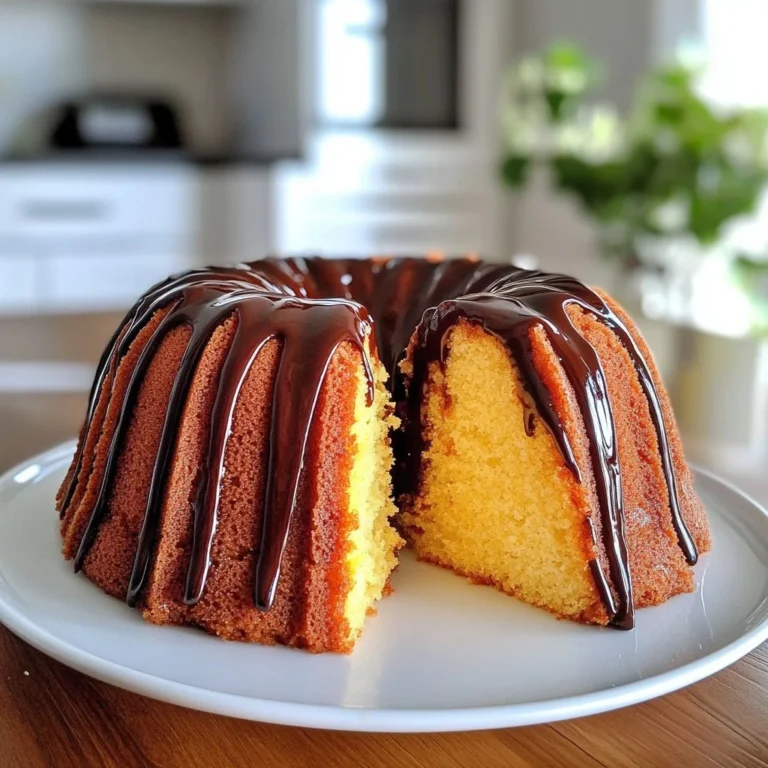 Delicious yellow bundt cake drizzled with chocolate ganache on a white plate