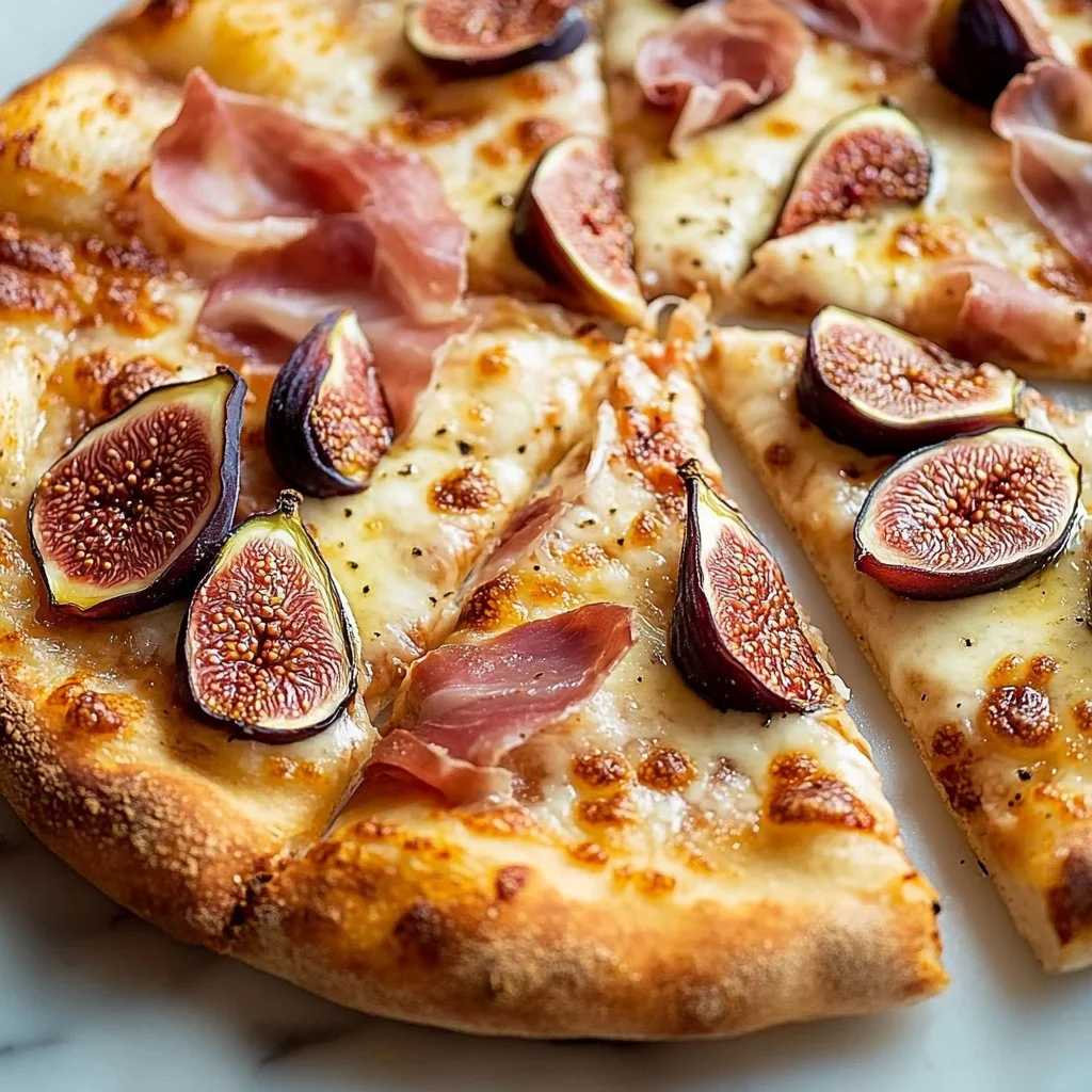 Delicious fig and prosciutto pizza topped with fresh ingredients