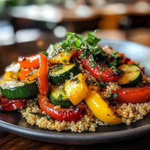 Delicious quinoa salad topped with roasted vegetables for a healthy meal option