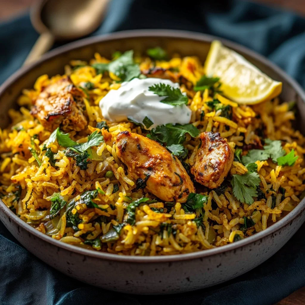 Delicious anti-inflammatory turmeric chicken served with rice