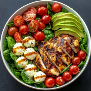 Baked marinated chicken salad with mozzarella and balsamic vinaigrette