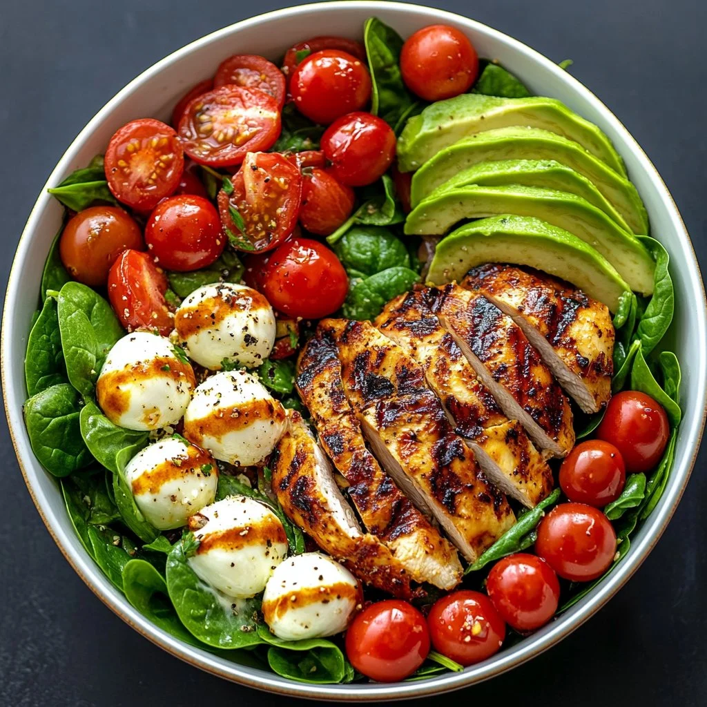 Baked marinated chicken salad with mozzarella and balsamic vinaigrette