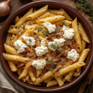 Balsamic Onion and Goat Cheese Pasta Bake served in a dish