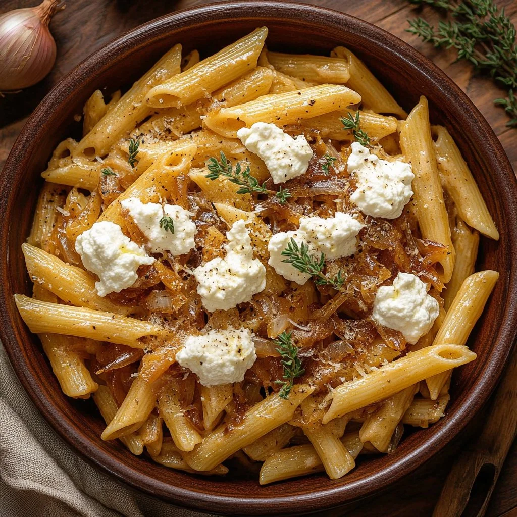 Balsamic Onion and Goat Cheese Pasta Bake served in a dish