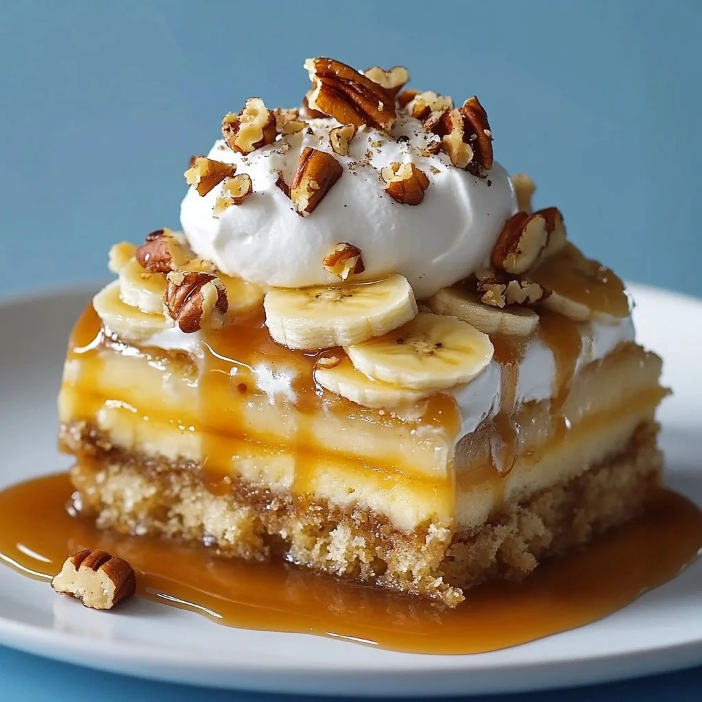 Delicious banana upside down cake served on a decorative plate