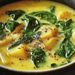 Bowl of creamy spinach soup with potatoes garnished with fresh herbs