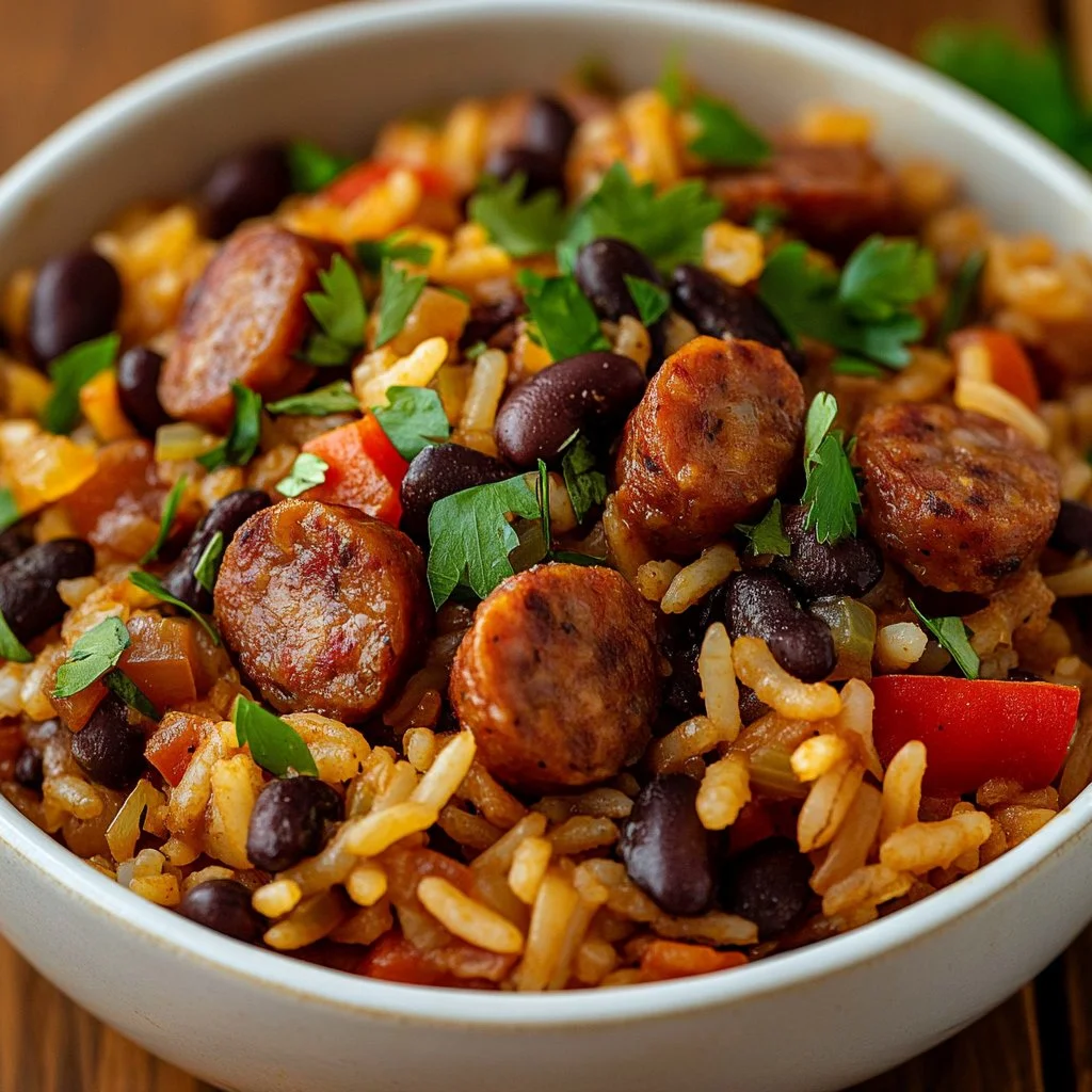 Delicious black beans and rice dish with sausage served in a bowl