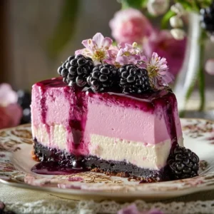 Delicious slice of Blackberry Bliss Cheesecake topped with fresh blackberries