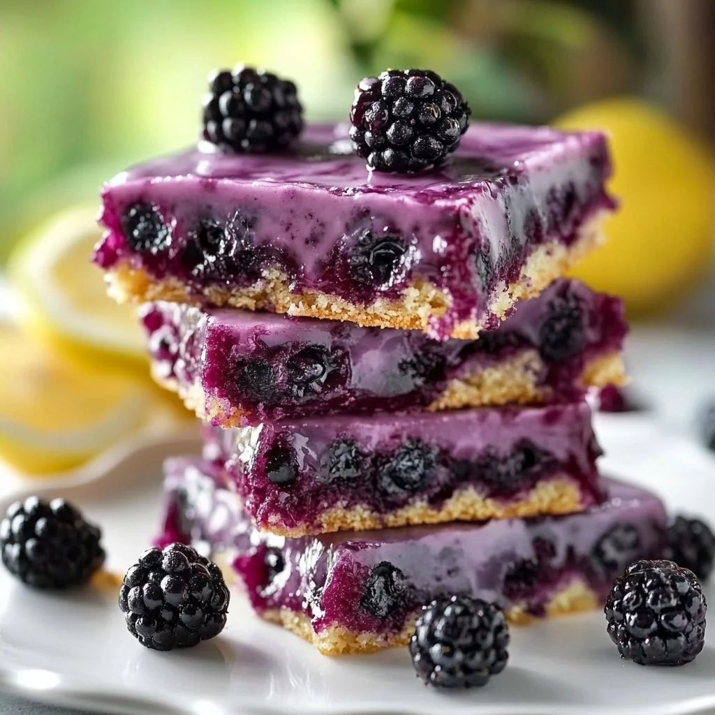 Homemade blackberry lemon blondies on a white plate with fresh blackberries.