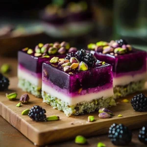 Delicious Blackberry Pistachio Dream Bars on a white plate
