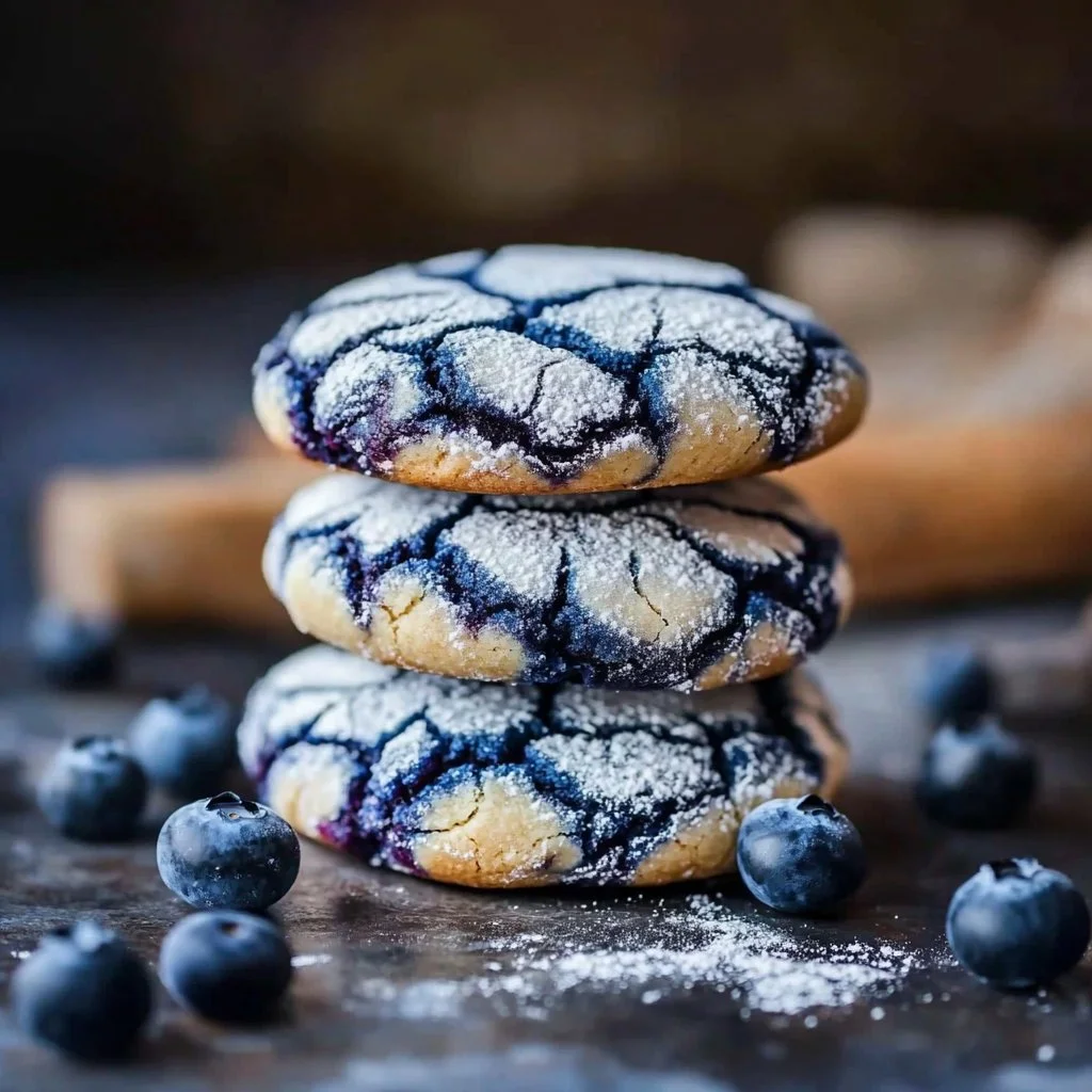Freshly baked Blueberry Crinkle Cookies with a sugary crinkle topping