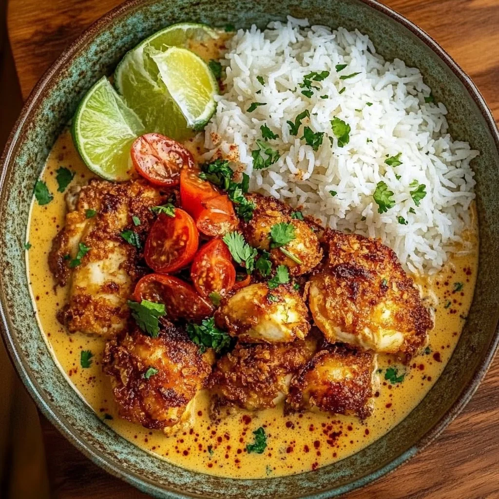 Plate of Brazilian Coconut Chicken with vibrant colors and ingredients.
