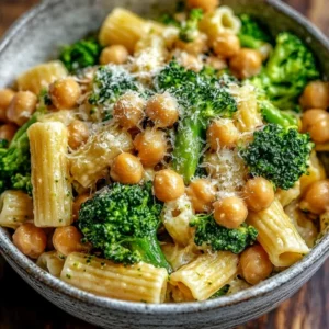 Delicious Broccoli Chickpea Pasta drizzled with Garlic Olive Oil