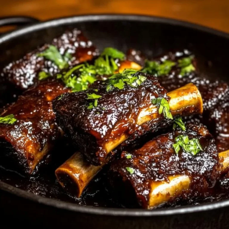 Caramelized slow roast Asian beef short rib served with garnish.