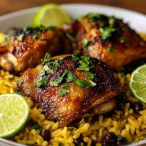 Delicious Caribbean Chicken served with colorful rice, showcasing tropical flavors.