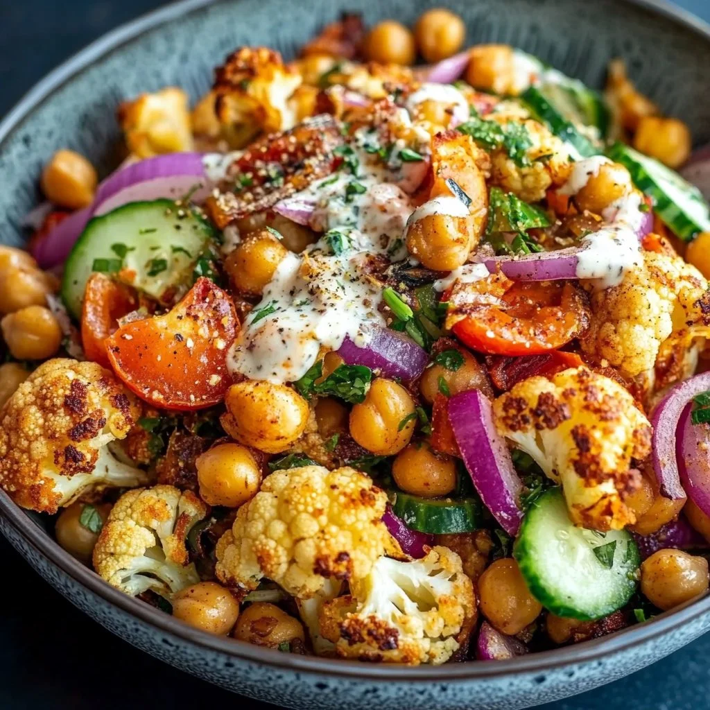 Colorful Cauliflower Shawarma Bowl served in a sheet pan with fresh toppings.